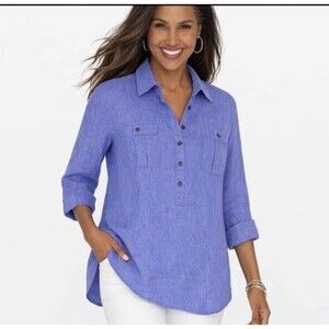 Chico’s 100% Linen Blue Button Front Shirt Women’s 1/M 3/4 Sleeve Tunic Top Boho
